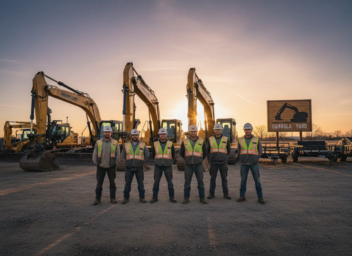 Ready Line Equipment Rental yard with equipment lined up and team members standing in front of Excavators.